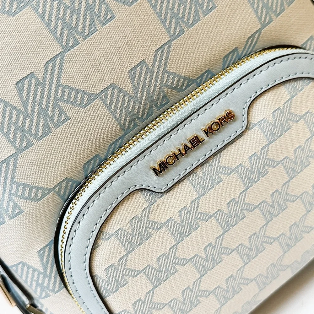 Michael Kors JAYCEE Medium Zip Pocket Backpack Graphic Logo MK Beige Blue